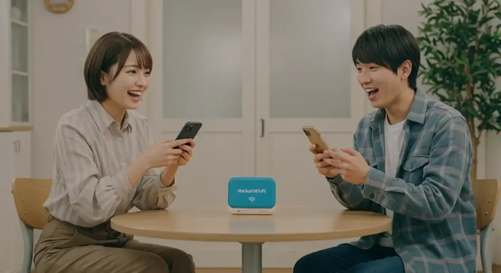 女性　男性　笑顔　ポケットWi-Fi　スマホ