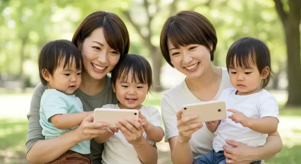 女性　スマホ　子供　