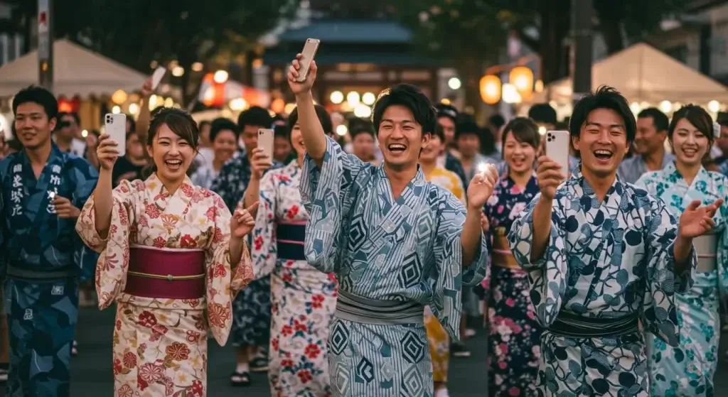 スマホ　男性　女性　祭り　浴衣
