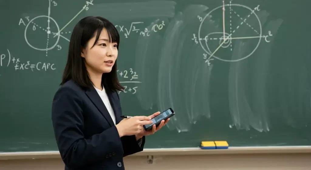 女性　スマホ　黒板　レクチャー　説明