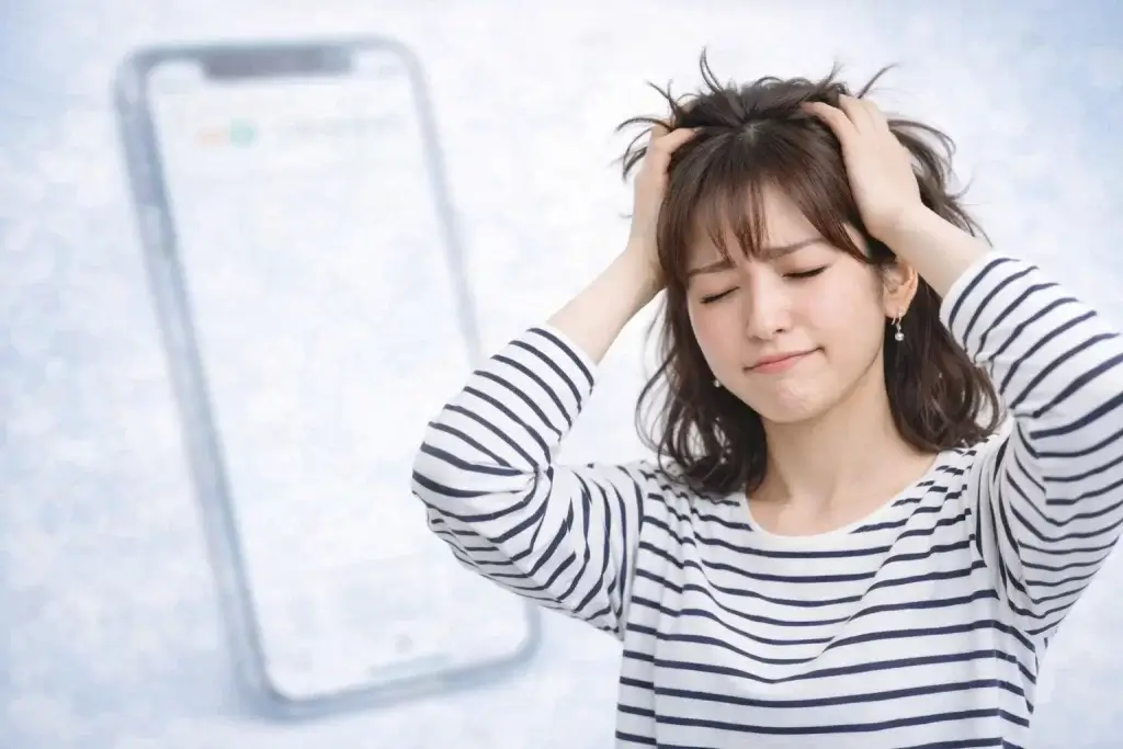 女性　スマホ　困った　悩む